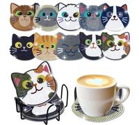 10 Piezas Posavasos de Pintura Diamantes con Soporte, Posavasos para Gatos,Kits de Pintura de Diamantes pequeños,Principiantes, Adultos y Niños,DIY