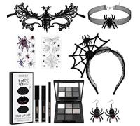 10 Piezas Set Maquillaje Gótico de Araña, Paleta de Sombras Ahumadas | 3 in 1 Pintalabios Negro Permanente, Diadema, Tatuajes, Halloween Máscara Encaje, Disfraz Halloween Carnaval