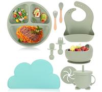 10 Piezas Vajilla Bebe Silicona Platos con Ventosa Infantil Comida Plato Utensilios Alimentación Neonati Antideslizante Silicone Juego Irrompible Cuenco Vaso Tenedor Cucharas Babero Placemats Verde