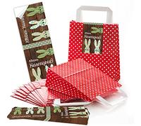 '10 poches Papier Anse Rouge avec Pois Blancs et fond (18 x 8 x 22 cm) petites poches Papier et 10 longue autocollants 7,2 x 21 cm en vert marron petit lapin de Pâques vœux "