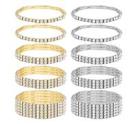 10 pulseras de oro y plata para mujer, incluyendo 2 filas individuales, 1 doble fila, 1 triple, 1 cinco vías, pulseras elásticas retráctiles, adornos dorados y plateados, adecuados para bodas, Metal