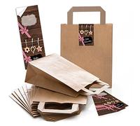 10 Sacs papier bruns de cadeau Sacs avec fond (motifs Noël 18 x 8 x 22 cm) petites poches Papier avec planches d'autocollants Banderole Joyeux Noël avec paille de bijoux