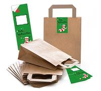 10 Sacs papier bruns de cadeau Sacs avec fond (motifs Noël 18 x 8 x 22 cm) petites poches Papier avec planches d'autocollants Banderole Joyeux Noël Père Noël chaussette