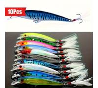 10 señuelos de minnow con anzuelo de pluma artificial 3D , señuelo de plástico para pesca, artificial duro, señuelo de natación realista