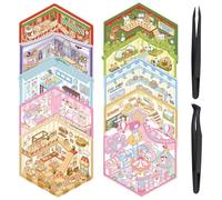 10 Sets Pegatinas 3D Escenas,Pegatinas de Casa en Miniatura con 2 Pinzas,Cartoon 3D Sticker Scene Reutilizables,Crea Tu Propia Tienda, Restaurante, Supermercado O Biblioteca