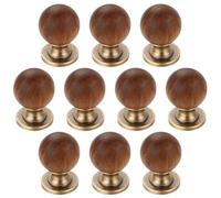 10 tiradores de madera redondos de madera de un solo agujero con base de bronce retro, pomos de gabinete, manijas de herrajes para muebles, armarios y armarios