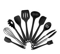 10 uds Utensilios de cocina de silicona, Contiene 2xEspátula Cuchara de cocina Cucharón Tornero Cuchara de Espagueti Cuchara para servir Batidora Pinzas de cocina Pinceles de repostería (10 PCS Negro)