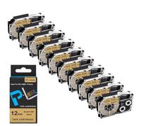 10 Uds XR12WE Cinta de Etiquetas de 12mm XR-12WE XR 12WE Negro sobre Blanco Compatible con Impresora de Etiquetas KL-60 KL-100(Black on Gold)