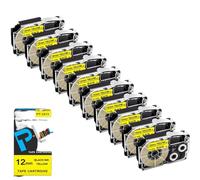 10 Uds XR12WE Cinta de Etiquetas de 12mm XR-12WE XR 12WE Negro sobre Blanco Compatible con Impresora de Etiquetas KL-60 KL-100(Black on Yellow)