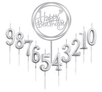 10 velas de cumpleaños 0-9 para tartas + letra de feliz cumpleaños purpurina para bodas (plata)