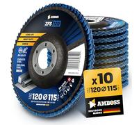 10 x discos ventilados, Ø 115 mm, K120 para acero/acero inoxidable, pulido, desoxidación, lijado, herramienta AMBOSS, ZFS, disco de lijadora, azul, amoladora angular - zirconio profesional, mopa de
