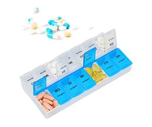 10 x Pastillero Semanal 2 Tomas, Rótulos en Alemán, Polipropileno, Blanco-Azul, 3 x 18,5 x 9,5 cm, Blanco y Azul