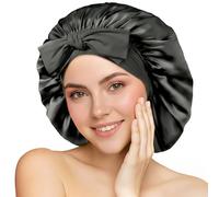 100% 22 Momme Gorro de Seda para Dormir, Gorro para Dormir Ajustable con Banda Ancha Elástica, Gorros de Noche de Seda Reutilizable para Mujer, Protección para Pelo Rizado y Liso (Negro)