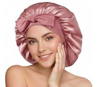 100% 22 Momme Gorro de Seda para Dormir, Gorro para Dormir Ajustable con Banda Ancha Elástica, Gorros de Noche de Seda Reutilizable para Mujer, Protección para Pelo Rizado y Liso (Rosa)