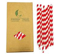 100% Biodegradable Pajita a Rayas Rojas Desechable,100 Unidades Pajitas de Papel Blancas y Rojo para Jugos, Cócteles, Bodas, Cumpleaños, Decoraciones de Bricolaje