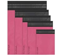 100 bolsas autoadhesivas de polietileno mixtas para correo, 5 tamaños, 10 de cada Red Ember pequeñas a grandes, paquete de correo, varios sobres para envíos postales (rosa)