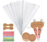 100 Bolsas Celofan Transparente, 25x13 cm Conos de Chuches para Cumpleaños Bolsas Transparentes para Regalos con Etiquetas Regalo para Navidad Cumpleaños Boda Fiesta (incl. Cierre y Cordel Yute)