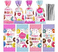 100 bolsas de caramelo de dona para crecer suministros de fiesta de dona bolsas de celofán de regalo, bolsas de regalo con lazos, dos decoraciones de fiesta de cumpleaños con temática de donas dulces