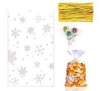 100 bolsas de celofán con copos de nieve de Navidad, 10 x 15 cm, bolsas de regalo, bolsas para galletas, bolsas transparentes, bolsas pequeñas de celofán para rellenar dulces, bombones y 100 corbatas