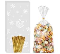 100 bolsas de celofán con copos de nieve de Navidad, 12,5 x 27 cm, transparentes, copos de nieve, bolsas para caramelos para rellenar galletas, nueces, bombones
