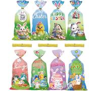 100 bolsas de celofán de Pascua con cintas giratorias, bolsas transparentes para galletas para Pascua, conejos de orejas largas y diseño de huevos de Pascua, perfectas para dulces, galletas y