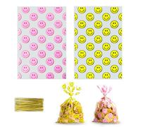 100 bolsas de celofán impresas con caras sonrientes de 5 x 9 pulgadas, bolsas de regalo de plástico, bolsas de galletas transparentes con lazos giratorios para bolsas de recuerdos de fiesta