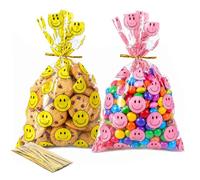 100 bolsas de celofán impresas con caras sonrientes de 5 x 9 pulgadas, bolsas de regalo de plástico, bolsas de galletas transparentes con lazos giratorios para bolsas de recuerdos de fiesta