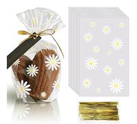 100 bolsas de celofán reforzadas con diseño de margaritas (tamaño 15 x 22,8 x 5 cm) con lazos dorados, la mejor bolsa reforzada para presentar golosinas empaquetadas, dulces, bolsas de regalo de