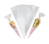100 bolsas de cono de celofán - 13 x 25 cm, bolsas de conos de fiesta con lazos giratorios para dulces, aperitivos, palomitas de maíz, chocolates, dulces
