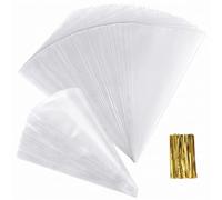 100 Bolsas de Cono Transparentes, 25x13cm, con 100 Cierres Dorados | Set de 100 bolsas con cierres, para caramelos, palomitas y regalos de fiestas