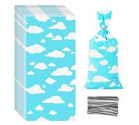 100 bolsas de dulces de celofán con estampado de nubes blancas y cielo azul, bolsas de almacenamiento de golosinas de plástico, bolsas de recuerdo de fiesta de dibujos animados con lazos giratorios