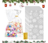 100 bolsas de galletas de Navidad bolsas de papel de vidrio transparente bolsas de papel de vidrio de Navidad bolsas de copos de nieve bolsas de galletas con 100 corbatas de metal (A)