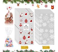 100 bolsas de galletas de Navidad bolsas de papel de vidrio transparente bolsas de papel de vidrio de Navidad bolsas de copos de nieve bolsas de galletas con 100 corbatas de metal (B)