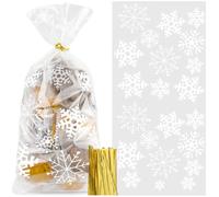 100 bolsas de galletas navideñas con copos de nieve, bolsas de dulces navideños con 100 lazos, bolsa blanca para dulces con copos de nieve, bolsas de celofán transparente para dulces, galletas