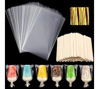 100 bolsas de helado desechables de plástico transparente y 100 palos de madera y 100 lazos metálicos dorados para hacer helados