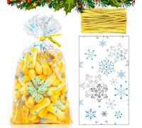 100 bolsas de regalo de copos de nieve azules para Navidad, caramelos y pan, bolsas de celofán transparentes, 90 x 160 mm, bolsas de Navidad para rellenar, bolsas de galletas con 100 corbatas