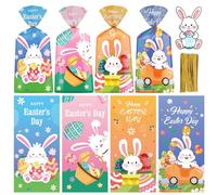 100 bolsas de regalo de feliz Pascua, bonitas bolsas de celofán de conejo de Pascua, bolsa de regalo de plástico con lazos giratorios para suministros de fiesta de primavera, Pascua, 4 estilos