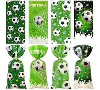100 bolsas de regalo de fútbol, 4 diseños de estrella de fútbol verde, regalos de fiesta, bolsas de celofán transparentes con lazos giratorios, bolsa de plástico de fútbol para suministros de