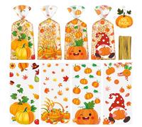 100 bolsas de regalo de otoño, bolsas de plástico para regalos de Acción de Gracias, hojas de arce, calabaza, caramelo, galletas, aperitivos, celofán, lazos giratorios, para envolver regalos de otoño