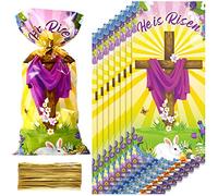 100 Bolsas de Regalo de Pascua de Plástico, Bolsas Transparentes de Golosinas Caramelo Galleta Celofán con Señal de He is Risen de Inspirador con 100 Lazos de Torcedura Oro para Fiesta Pascua