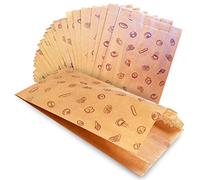 100 Bolsas papel kraft marrones. Sin asa y con dibujo impreso de panes bocadillo bolleria pan sandwich galletas fruta alimentos frutos secos merienda almuerzo (25x15cm 100uds)