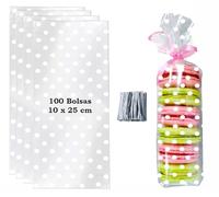 100 Bolsas para chuches Transparentes 10 X 25 cm Celofan con lunares Blancos Bolsa para cotillones Galletas 100 lazos metalicos (10 x 25 cm (100 pcs))