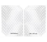 100 Bolsas para chuches Transparentes Celofan con lunares Blancos Bolsa para cotillones Galletas 100 lazos metalicos (28x45 cm (100 Bolsas Grandes))