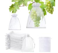 100 Bolsas para Uvas en Parra 15x20 cm, Bolsas Protectoras de Frutas de Organza con Cordón, Malla de Protección contra Pájaros y Avispas para Huerto, Bolsas de Red Reutilizables, Blanco