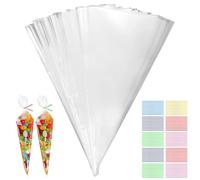 100 bolsas transparentes para caramelos, 13 x 25 cm Conos de Chuches para Cumpleaños Bolsas Transparentes, Bolsas Celofan Transparente con lazos, para caramelos, galletas, bodas, Fiesta