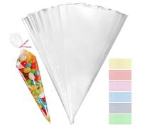 100 bolsas transparentes para caramelos, 13 x 25 cm Conos de Chuches para Cumpleaños Bolsas Transparentes, Bolsas Celofan Transparente con lazos, para caramelos, galletas, bodas, Fiesta
