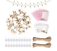 100 clips con 10 metros de cuerda y 2 clavos sin costuras, 20 soportes para tarjetas de fotos, clips de amor de madera, soporte para tarjetas de vacaciones, clips de fotos, clips de decoración