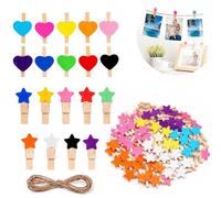 100 Clips de Fotos, Mini Pinzas de Madera Fotográfico Clavijas Forma Corazón Craft Clips pequeños Multicolor Formas Estrella y corazón, Cuerda Yute 10 m, Manualidades, decoración Fotos