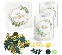 100 confeti para decoración de mesa de cumpleaños + 40 servilletas de eucalipto de cumpleaños + 12 portavelas para decoración de mesa de nacimiento con bonito texto en alemán "DASS Du Da Bist und