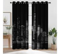 100% Cortinas Opacas Moderna Arquitectura Ciudad Negro H 166 X B 75 Cm (2Er Pack) con Ojales Metálicos, Reducción De Luz, Aislante Térmico para Dormitorio O Sala De Estar